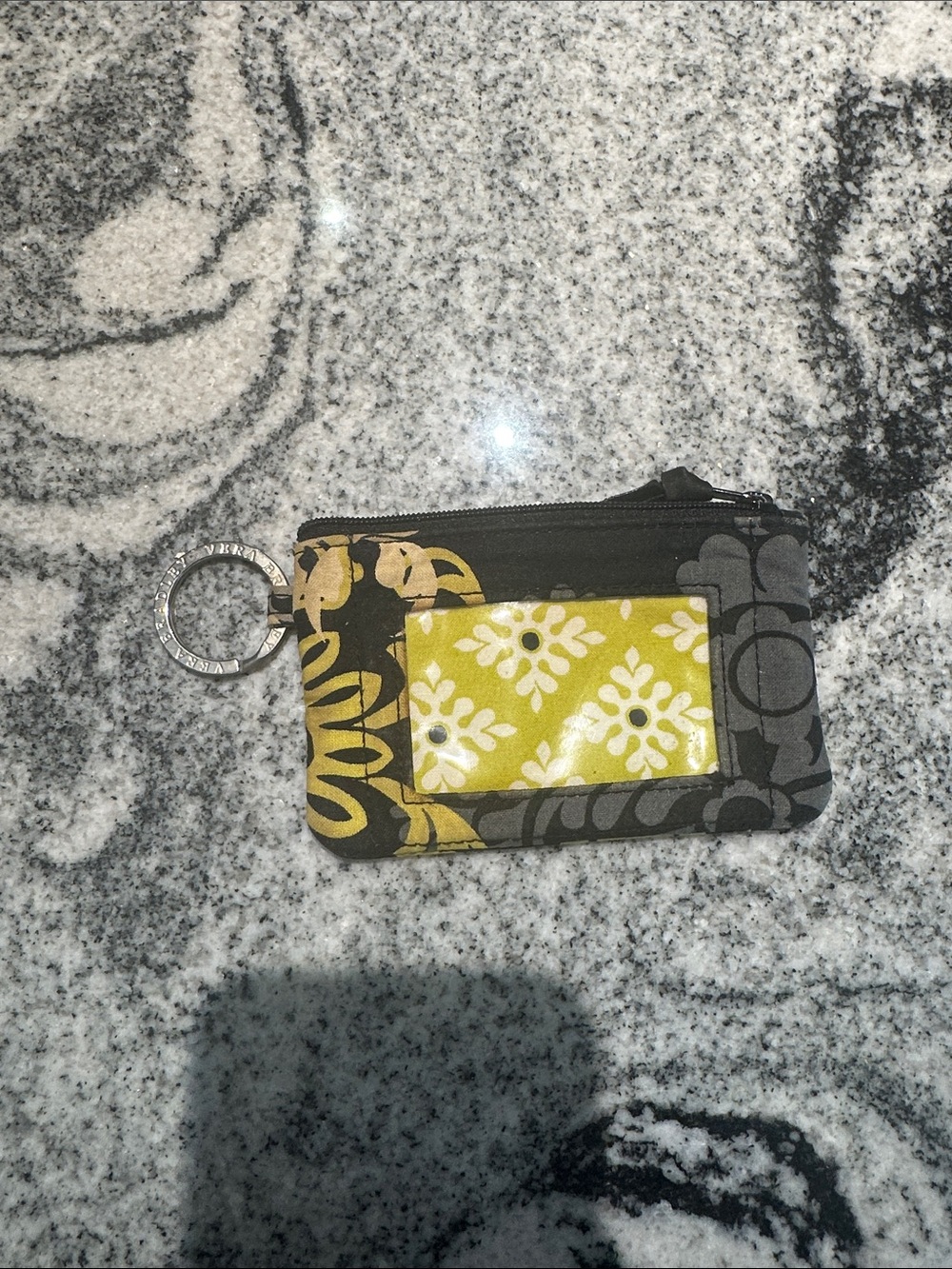 Vera Bradley Yellow and Gray Floral Zip Card Case with Keyring